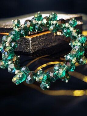 Emerald Green Aurora Borealis Iridescent Crystal & Silver Cluster Bracelet
